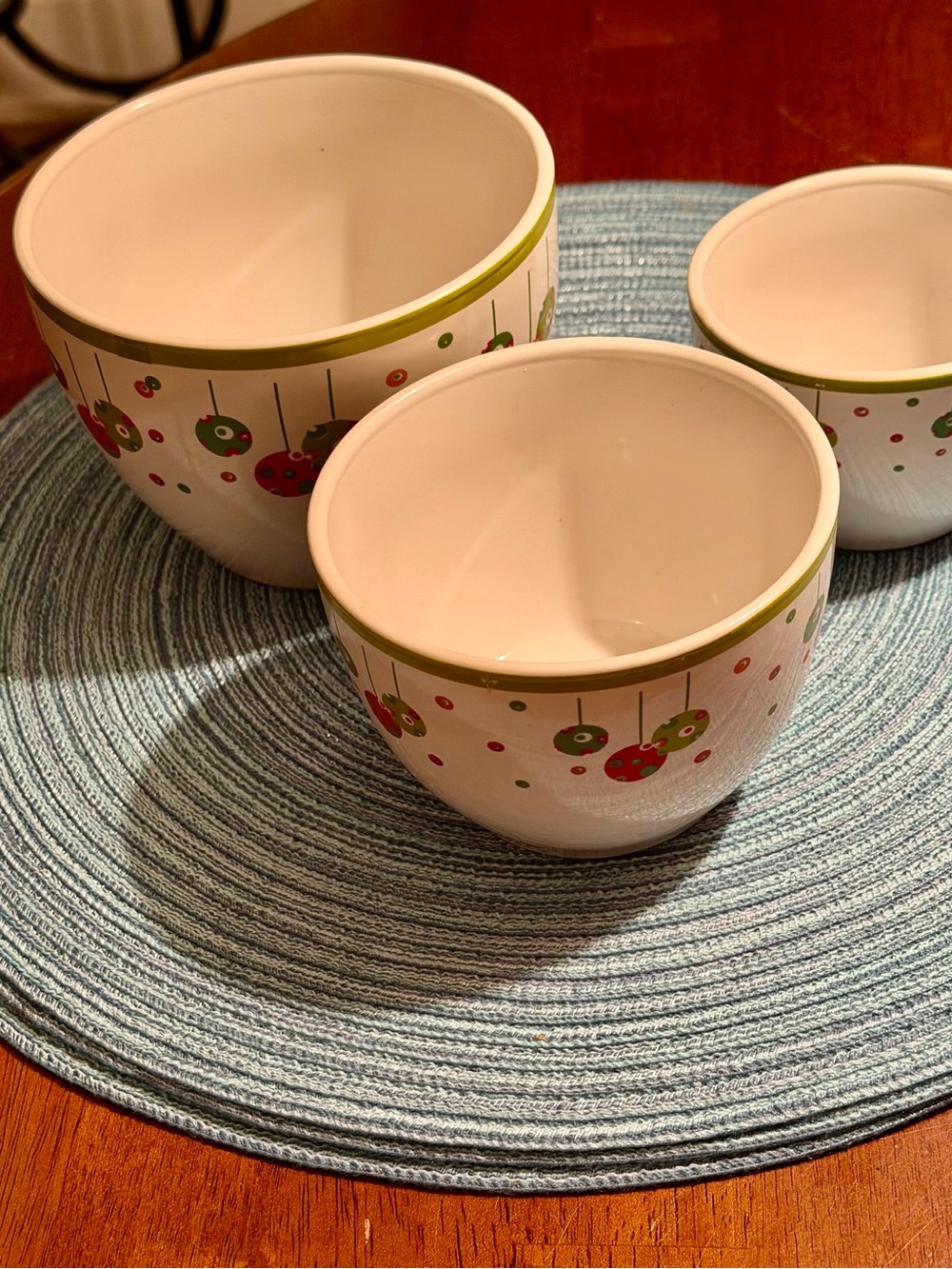 Ceramic Nesting Bowls in White with Red & Green Cherry Pattern